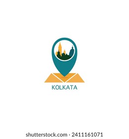 Kolkata city map pin point geolocation modern skyline vector logo icon isolated illustration. India, West Bengal state pointer emblem with landmarks and building silhouettes