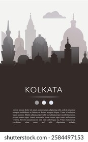 Kolkata city template for website, presentation, front page, invitation, publication sheet with skyline, landmarks. Vector India image layout, simple and grayscale