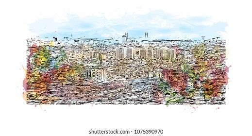 Kolkata, City in West Bengal. Watercolour splash with hand drawn sketch illustration in vector.