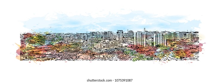 Kolkata, City in West Bengal. Watercolour splash with hand drawn sketch illustration in vector.