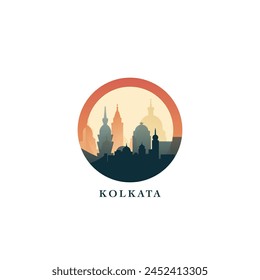 Kolkata cityscape, gradient vector badge, flat skyline logo, icon. India, West Bengal state city round emblem idea with landmarks and building silhouettes. Isolated graphic