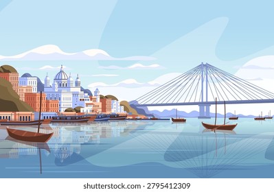 Kolkata cityscape river boats cable bridge tourism landmark architecture buildings water reflections blue sky landscape banner