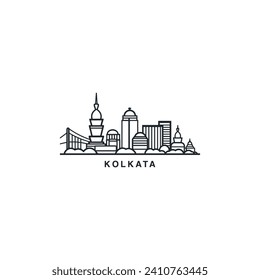 Kolkata cityscape skyline city panorama vector flat modern logo icon. India, West Bengal state emblem idea with landmarks and building silhouettes. Isolated thin line graphic