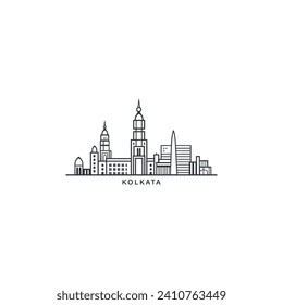 Kolkata cityscape skyline city panorama vector flat modern logo icon. India, West Bengal state emblem idea with landmarks and building silhouettes. Isolated thin line graphic