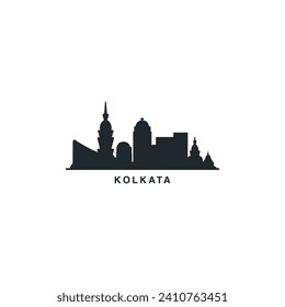 Kolkata cityscape skyline city panorama vector flat modern logo icon. India, West Bengal state emblem idea with landmarks and building silhouettes. Isolated black shape graphic