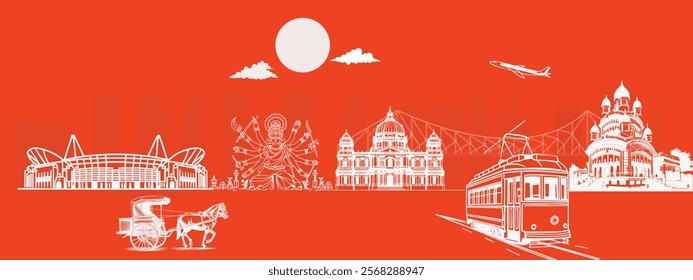 Kolkata Cityscape Vector with Historical and Cultural Icons