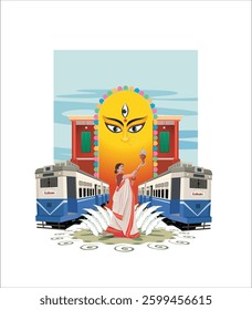 Kolkata Collage with Trams and Goddess Durga illustration
