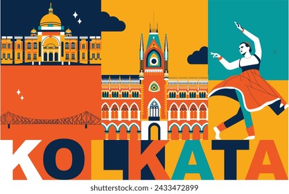 Conjunto de viajes de la cultura de Kolkata, arquitecturas famosas y especialidades en diseño plano. Viajes de negocios y turismo concepto clipart. Imagen para presentación, banner, sitio web, anuncio, flyer, roadmap, iconos