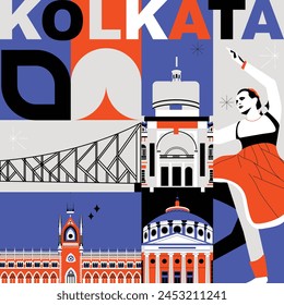 Kolkata culture travel set, famous architectures and specialties in flat design. Business travel and tourism concept clipart. Image for presentation, banner, website, advert, flyer, roadmap, icons