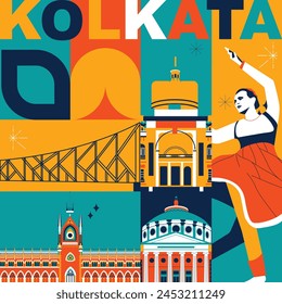 Kolkata culture travel set, famous architectures and specialties in flat design. Business travel and tourism concept clipart. Image for presentation, banner, website, advert, flyer, roadmap, icons