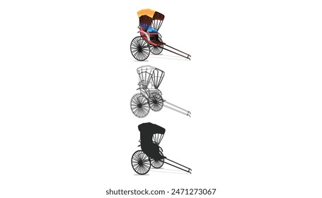 Kolkata hand-pulled rickshaw line art. Two-wheeler, yellow rickshaw
