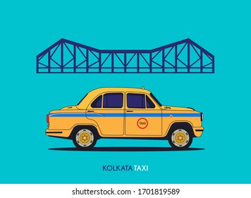 Kolkata Howrah bridge and yellow taxi.