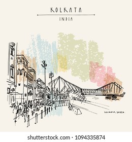 Kolkata, India. The British-era Howrah Junction Railway Station and Howrah Bridge across Hooghly River. Heritage colonial architecture. Famous historical landmarks. Vector hand drawn travel postcard