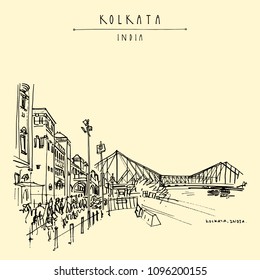 Kolkata, India. The British-era Howrah Junction Railway Station and Howrah Bridge across Hooghly River. Heritage colonial architecture. Famous historical landmarks. Vector hand drawn travel postcard