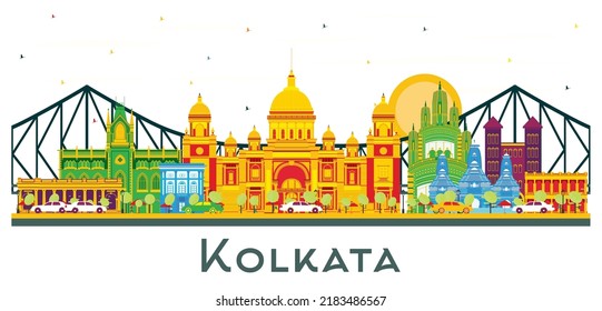 Kolkata India City Skyline with Color Buildings and Blue Sky Isolated on White. Vector Illustration. Business Travel and Tourism Concept with Historic Buildings. Kolkata Cityscape with landmarks.