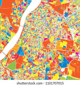 Kolkata, India, colorful vector map.  White streets, railways and water. Bright colored landmark shapes. Art print pattern.