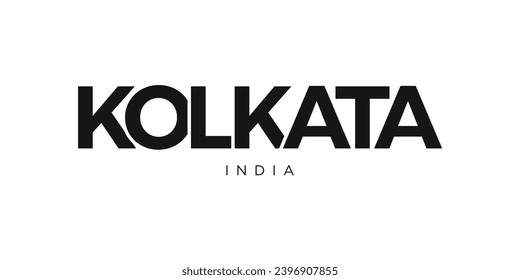 Emblema de Kolkata en la India para la prensa y la web. El diseño presenta estilo geométrico, ilustración vectorial con tipografía audaz en fuente moderna. Letras gráficas de eslóganes aisladas en fondo blanco.