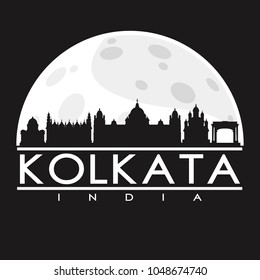 Kolkata India Full Moon Night Skyline Silhouette Design City Vector Art