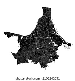 Kolkata, India, high resolution vector map with city boundaries, and editable paths. The city map was drawn with white areas and lines for main roads, side roads and watercourses on a black