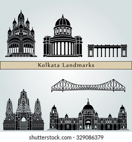 Kolkata landmarks and monuments isolated on blue background in editable vector file