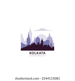 Kolkata logo with skyline, cityscape retro vector icon. India city horizon, facade, travel logotype