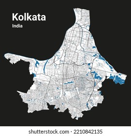Kolkata map. Detailed map of Kolkata city administrative area. Cityscape panorama. Royalty free vector illustration. Road map with highways, rivers.