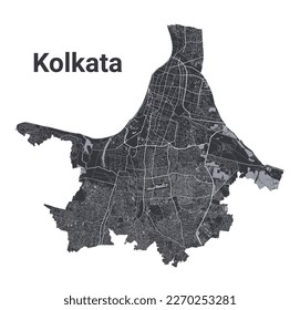 Kolkata map. Detailed vector map of Kolkata city administrative area. Cityscape poster metropolitan aria view. Black land with white roads and avenues. White background.