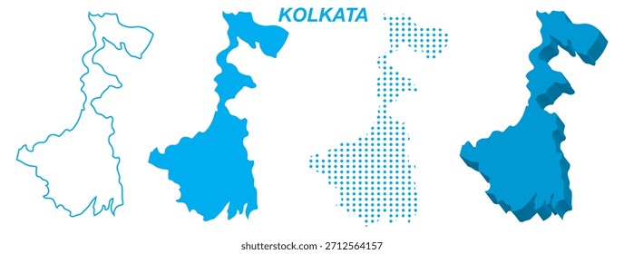 Conjunto de Vectores de mapas de Kolkata, India Silueta de contorno Formas macizas 3D punteadas, Plantilla de infografía de la ciudad de Kolkata, EPS editable Geografía de Kolkata