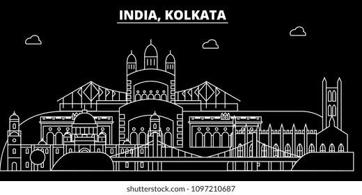 Kolkata Silhouette Skyline. India - Kolkata Vector City, Indian Linear Architecture, Buildings. Kolkata Travel Illustration, Outline Landmarks. India Flat Icons, Indian Line Banner