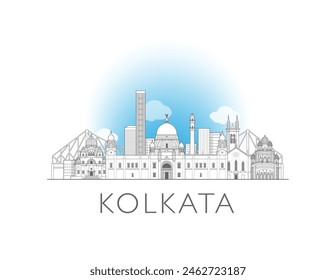 Kolkata skyline cityscape illustration in black and white 