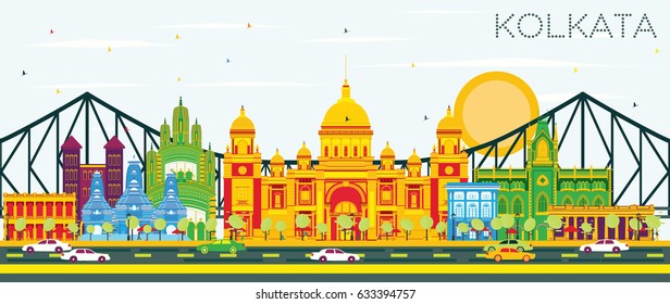 Kolkata Skyline with Color Landmarks and Blue Sky. Vector Illustration. Business Travel and Tourism Concept with Historic Buildings. Image for Presentation Banner Placard and Web Site.