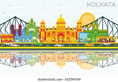 Kolkata Skyline with Color Landmarks, Blue Sky and Reflections. Vector Illustration. Business Travel and Tourism Concept with Historic Buildings. Image for Presentation Banner Placard and Web Site.