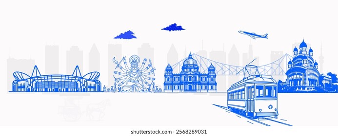 Kolkata Skyline Design with Howrah Bridge and Durga Puja Theme