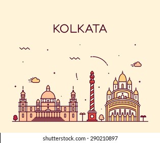 Kolkata skyline, detailed silhouette. Trendy vector illustration, linear style.