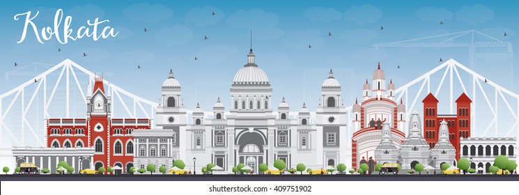 Kolkata Skyline with Gray Landmarks and Blue Sky. Vector Illustration. Business Travel and Tourism Concept with Historic Buildings. Image for Presentation Banner Placard and Web Site.