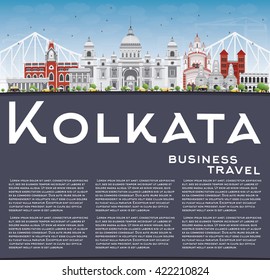 Kolkata Skyline with Gray Landmarks and Copy Space. Vector Illustration. Business Travel and Tourism Concept with Historic Buildings. Image for Presentation Banner Placard and Web Site.