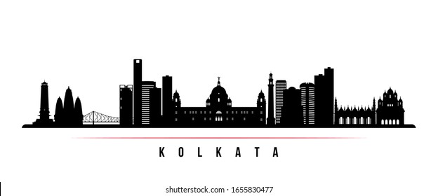 Kolkata skyline horizontal banner. Black and white silhouette of Kolkata, India. Vector template for your design. 