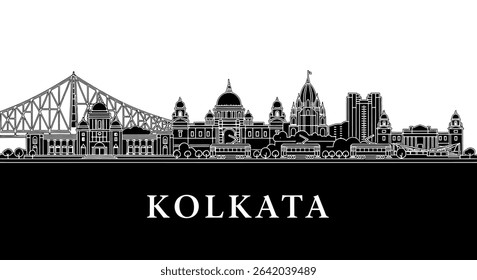 Kolkata Skyline with India, and Black and White Silhouette.