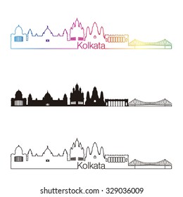Kolkata skyline linear style with rainbow in editable vector file