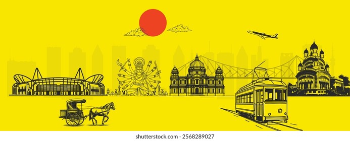 Kolkata Skyline Vector with Iconic Victoria Memorial and Howrah Bridge