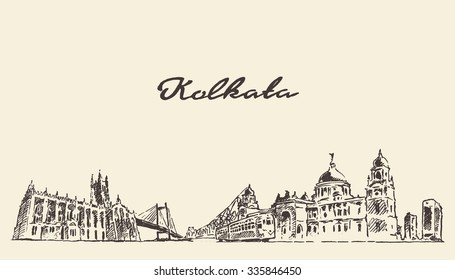 Kolkata skyline, vector vintage engraved illustration, hand drawn