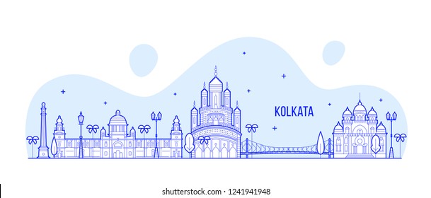 Kalkutta Skyline, Westbengalen, Indien. Diese Abbildung stellt die Stadt mit ihren bemerkenswertesten Gebäuden dar. Vektorgrafik ist vollständig editierbar, jedes Objekt ist holistisch und beweglich