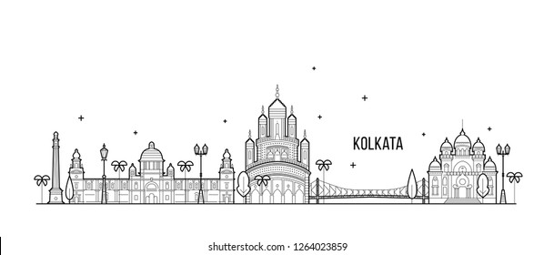 Kolkata skyline, West Bengal, India. This illustration represents the city with its most notable buildings. Vector is fully editable, every object is holistic and movable