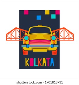 Kolkata taxi and Howrah bridge vector design