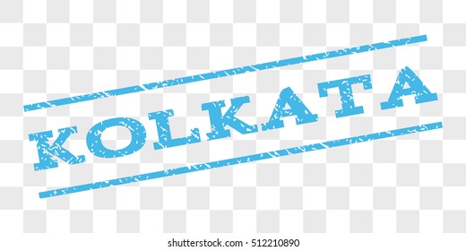 Kolkata watermark stamp. Text caption between parallel lines with grunge design style. Rubber seal stamp with scratched texture. Vector light blue color ink imprint on a chess transparent background.