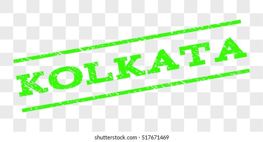 Kolkata watermark stamp. Text caption between parallel lines with grunge design style. Rubber seal stamp with scratched texture. Vector light green color ink imprint on a chess transparent background.