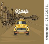 Kolkata yellow taxi. kolkata city with front view of an yellow color taxi.illustration of Taxi vector design