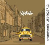 Kolkata yellow taxi. kolkata city with front view of an yellow color taxi.illustration of Taxi vector design