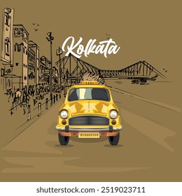 Kolkata gelbes Taxi. kolkata stadt mit vorderansicht eines gelben farbe taxi.illustration von taxi vektor design