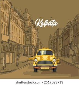 Kolkata yellow taxi. kolkata city with front view of an yellow color taxi.illustration of Taxi vector design